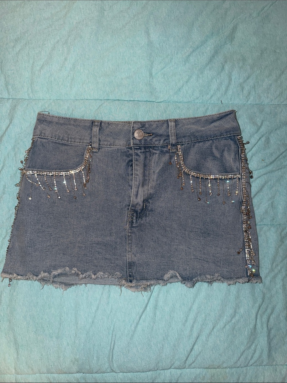 Denim Mini Skirt with Rhinestone Fringe - Blue